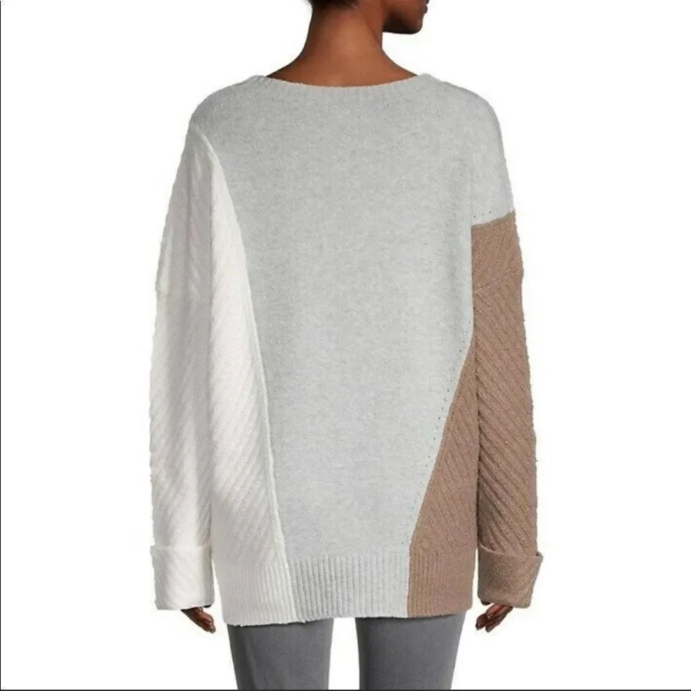 French Connection Oversized Wool Colorblock Sweater Crewneck in Ivory Grey Brown